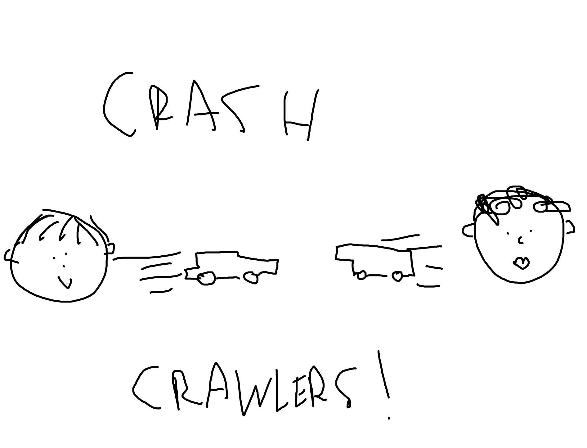 Doodlebug and Puddinchop pushing Duplo vehicles towards each other at high speed, with the text "CRASH CRAWLERS!"